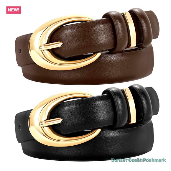 2 Pack Women Faux Leather Belt Skinny Fashion with Gold Buckle main image 7